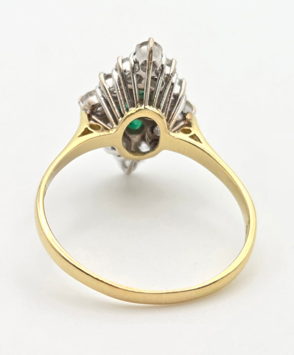 2318: Vintage: 18ct Gold Emeralds Diamonds Marquise Set Art Deco Style Ring- From 1977