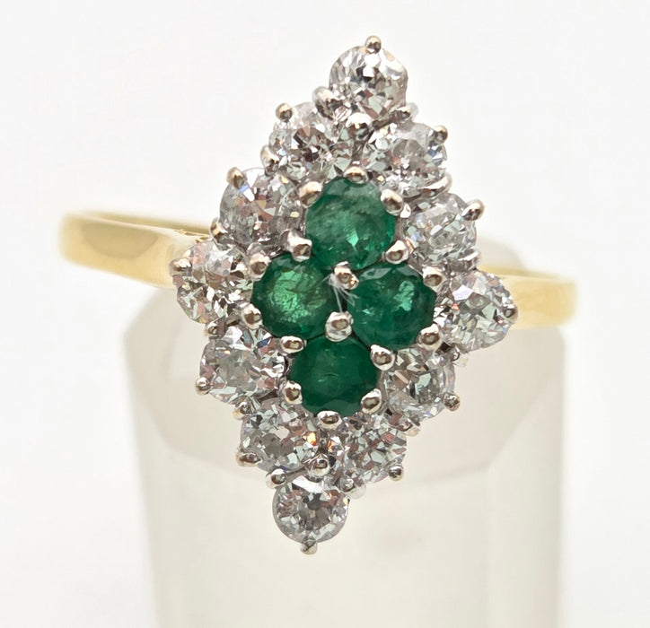 2318: Vintage: 18ct Gold Emeralds Diamonds Marquise Set Art Deco Style Ring- From 1977