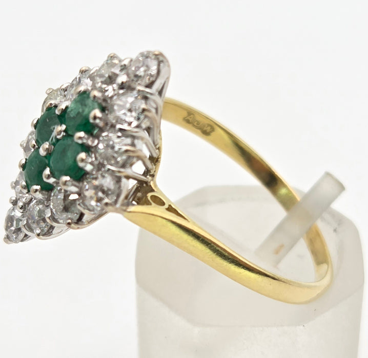 2318: Vintage: 18ct Gold Emeralds Diamonds Marquise Set Art Deco Style Ring- From 1977