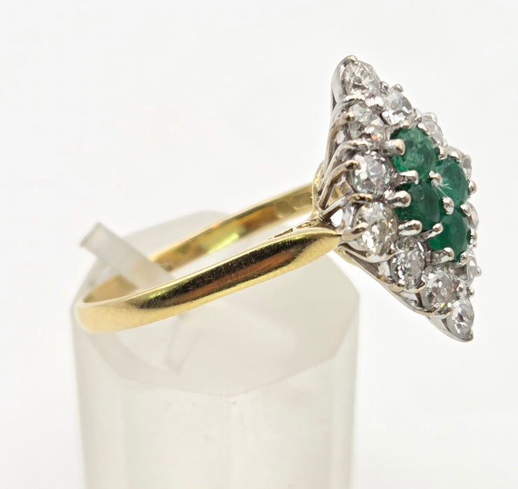 2318: Vintage: 18ct Gold Emeralds Diamonds Marquise Set Art Deco Style Ring- From 1977