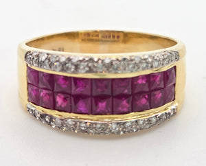 2339: Vintage: 18ct Gold Rubies Diamonds Dress Ring- Vibrant Rubies Sparkling Diamonds
