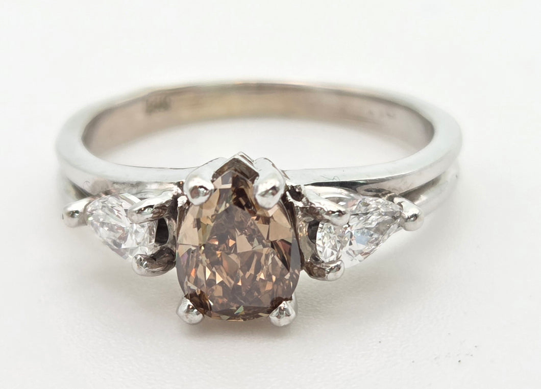 Vintage: 14ct White Gold Pear Cut Cognac Diamond (0.63ct) Diamonds 3 -Stone Ring - a rare, sparkling find.