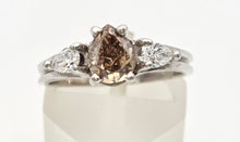 Load image into Gallery viewer, Vintage: 14ct White Gold Pear Cut Cognac Diamond (0.63ct) Diamonds 3 -Stone Ring - a rare, sparkling find.
