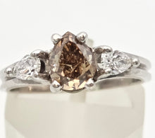Load image into Gallery viewer, Vintage: 14ct White Gold Pear Cut Cognac Diamond (0.63ct) Diamonds 3 -Stone Ring - a rare, sparkling find.
