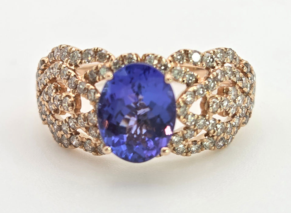 2344: Vintage 14ct Gold Large Vibrant Blue Tanzanite Pave Diamonds Openwork Dress Ring- Exceptional