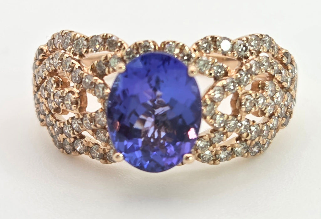 2344: Vintage 14ct Gold Large Vibrant Blue Tanzanite Pave Diamonds Openwork Dress Ring- Exceptional