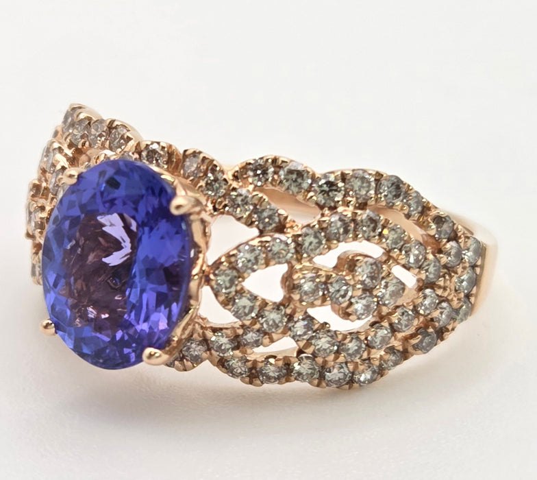 2344: Vintage 14ct Gold Large Vibrant Blue Tanzanite Pave Diamonds Openwork Dress Ring- Exceptional