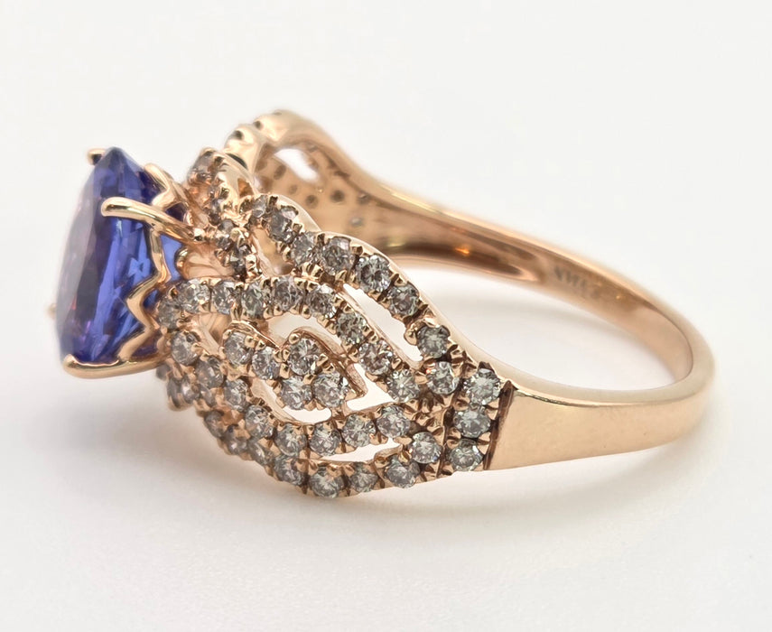2344: Vintage 14ct Gold Large Vibrant Blue Tanzanite Pave Diamonds Openwork Dress Ring- Exceptional