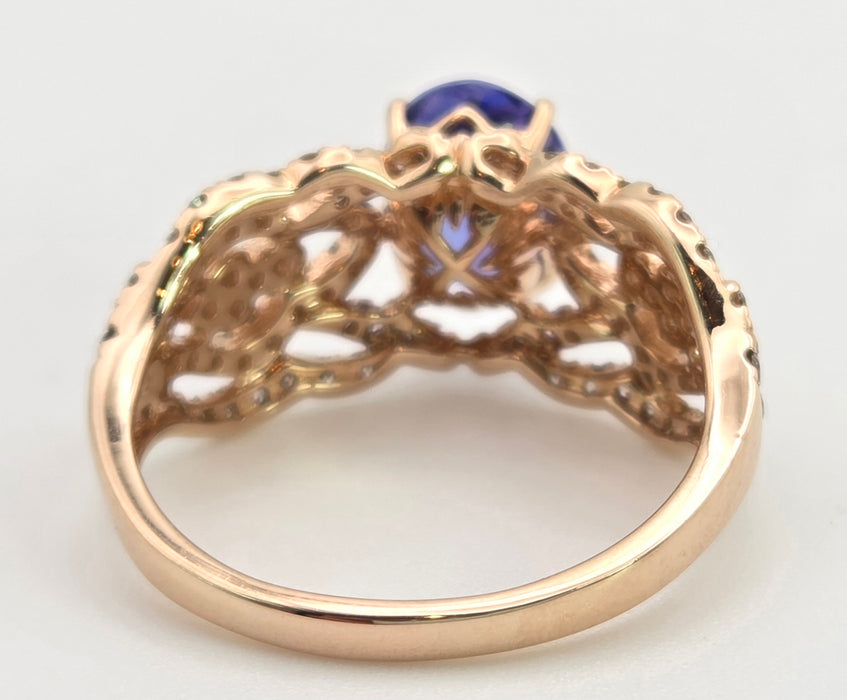 2344: Vintage 14ct Gold Large Vibrant Blue Tanzanite Pave Diamonds Openwork Dress Ring- Exceptional