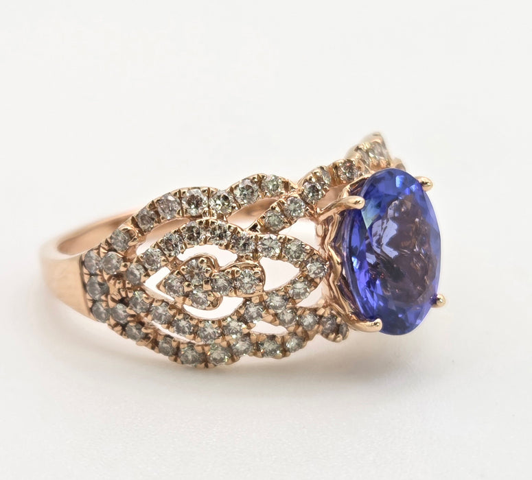 2344: Vintage 14ct Gold Large Vibrant Blue Tanzanite Pave Diamonds Openwork Dress Ring- Exceptional