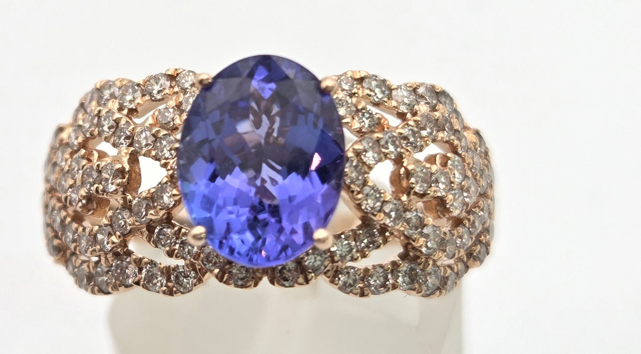 2344: Vintage 14ct Gold Large Vibrant Blue Tanzanite Pave Diamonds Openwork Dress Ring- Exceptional
