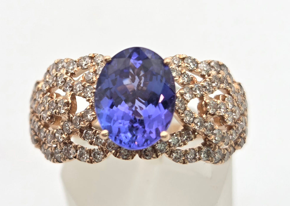 2344: Vintage 14ct Gold Large Vibrant Blue Tanzanite Pave Diamonds Openwork Dress Ring- Exceptional