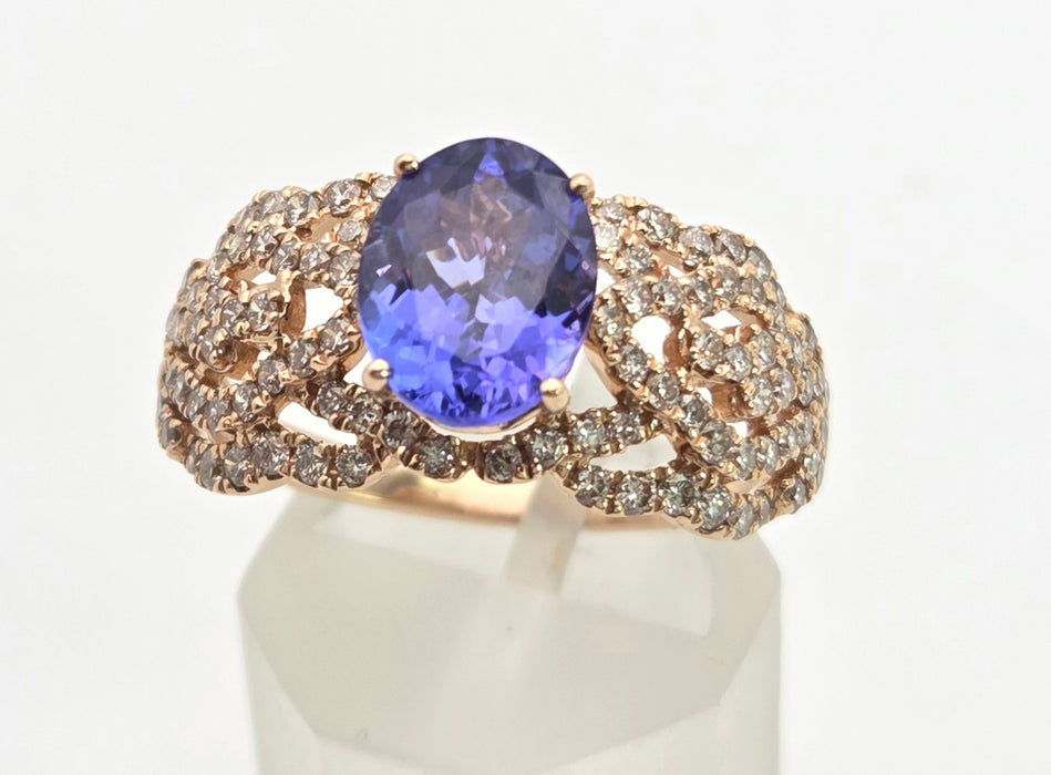 2344: Vintage 14ct Gold Large Vibrant Blue Tanzanite Pave Diamonds Openwork Dress Ring- Exceptional