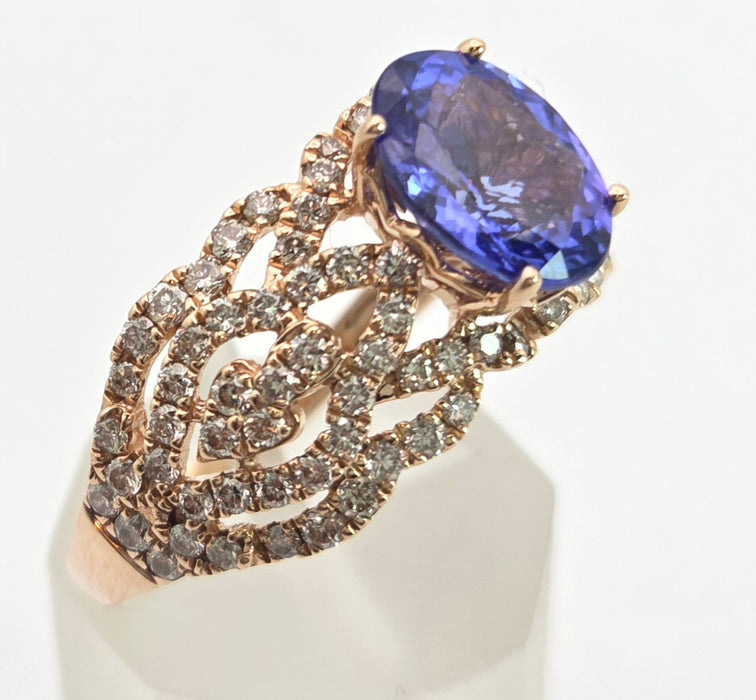 2344: Vintage 14ct Gold Large Vibrant Blue Tanzanite Pave Diamonds Openwork Dress Ring- Exceptional
