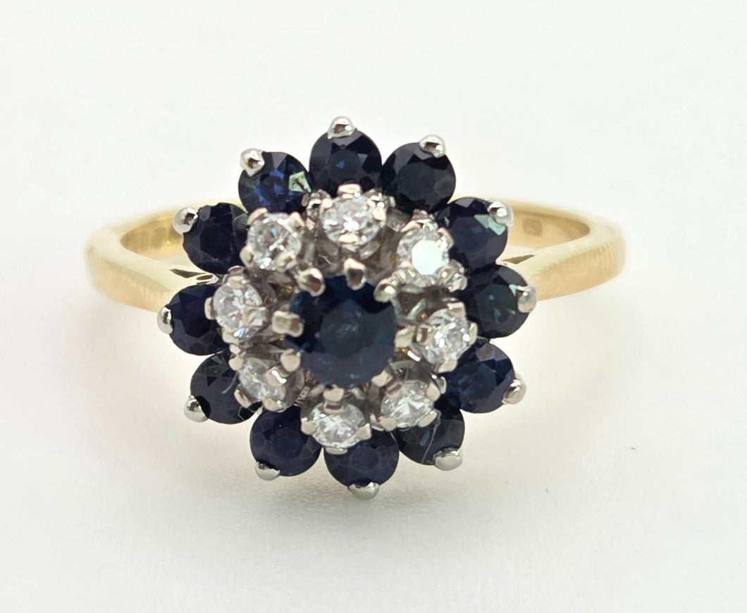 Vintage 18ct Gold 13 Blue Sapphires 8 Natural Diamonds Flower Head ring