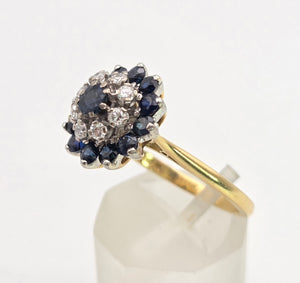 Vintage 18ct Gold 13 Blue Sapphires 8 Natural Diamonds Flower Head ring