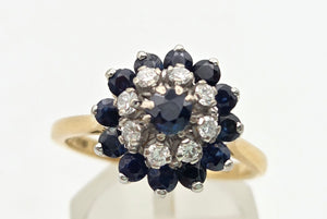 Vintage 18ct Gold 13 Blue Sapphires 8 Natural Diamonds Flower Head ring