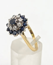 Load image into Gallery viewer, Vintage 18ct Gold 13 Blue Sapphires 8 Natural Diamonds Flower Head ring
