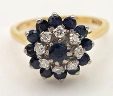 Load image into Gallery viewer, Vintage 18ct Gold 13 Blue Sapphires 8 Natural Diamonds Flower Head ring
