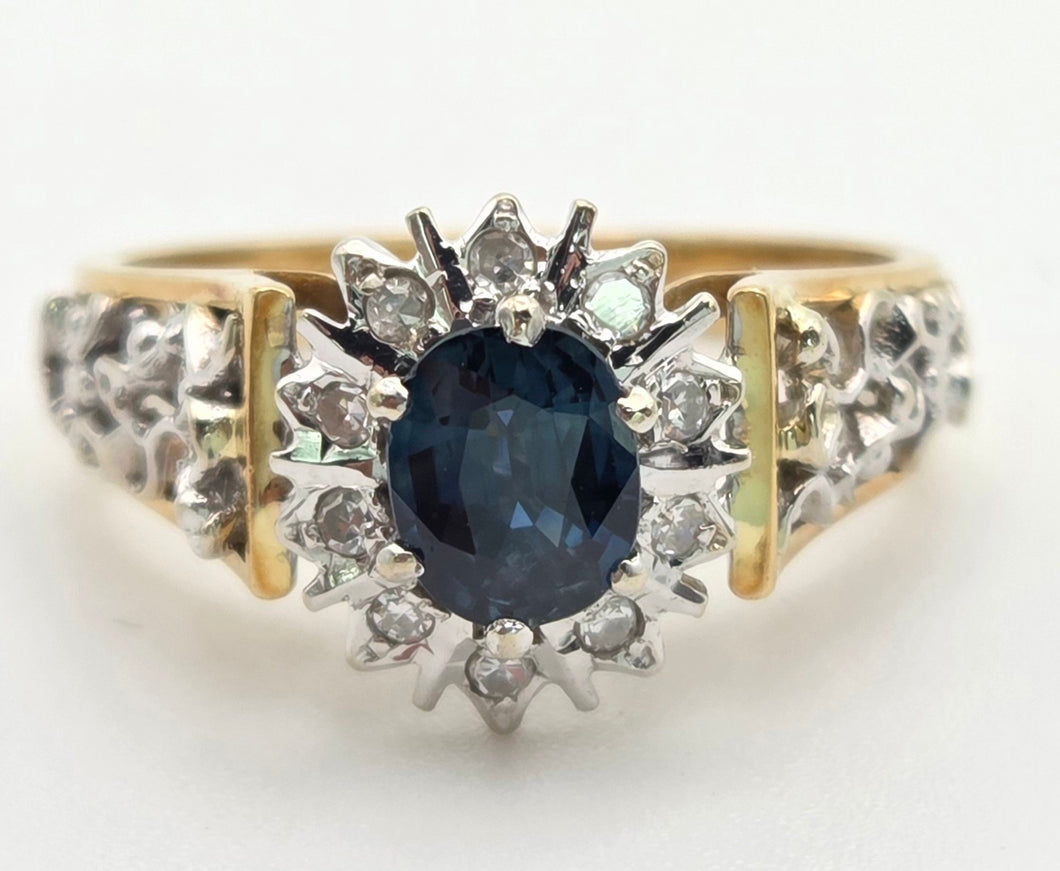 Vintage: 18ct Gold French Blue Sapphire 10 Natural Diamonds Dress Ring- From 1973