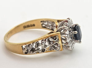 Vintage: 18ct Gold French Blue Sapphire 10 Natural Diamonds Dress Ring- From 1973