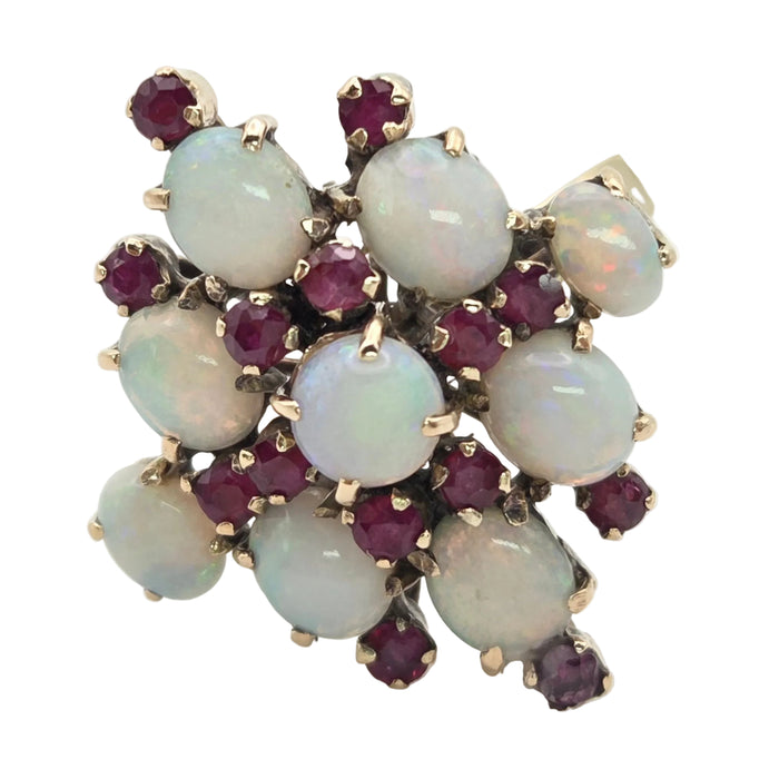 6466: Vintage:18ct Gold 9 Opals 14 Garnets Geometric Cocktail Ring