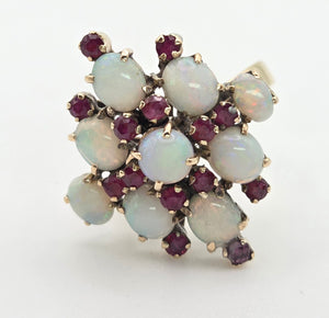 2244: Vintage:18ct Gold 9 Opals 14 Garnets Geometric Cocktail Ring- Marvellous