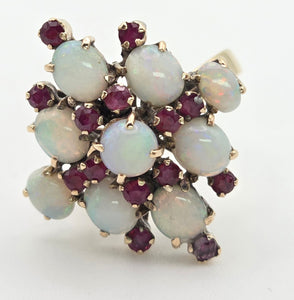 2244: Vintage:18ct Gold 9 Opals 14 Garnets Geometric Cocktail Ring- Marvellous