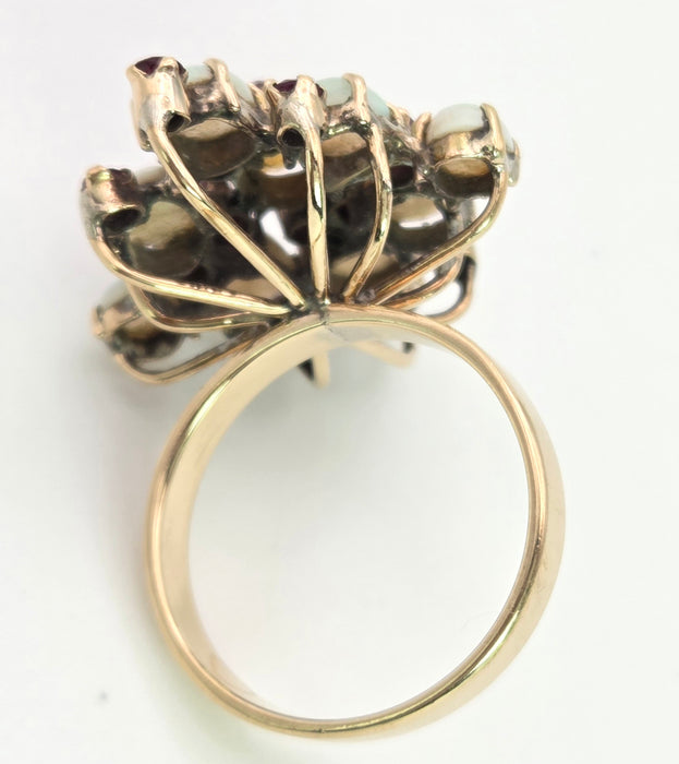 6466: Vintage:18ct Gold 9 Opals 14 Garnets Geometric Cocktail Ring