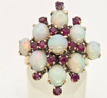 Load image into Gallery viewer, 2244: Vintage:18ct Gold 9 Opals 14 Garnets Geometric Cocktail Ring- Marvellous
