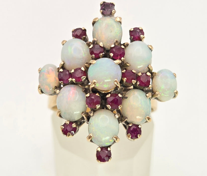 6466: Vintage:18ct Gold 9 Opals 14 Garnets Geometric Cocktail Ring