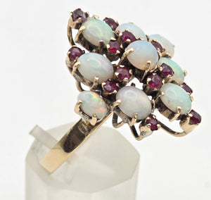 2244: Vintage:18ct Gold 9 Opals 14 Garnets Geometric Cocktail Ring- Marvellous