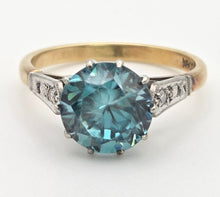 Load image into Gallery viewer, 2248 Vintage 18ct Gold Round Cut Blue Zircon (4.25ct)  Diamonds 3-Stone Ring
