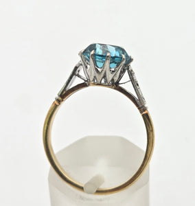 2248 Vintage 18ct Gold Round Cut Blue Zircon (4.25ct)  Diamonds 3-Stone Ring