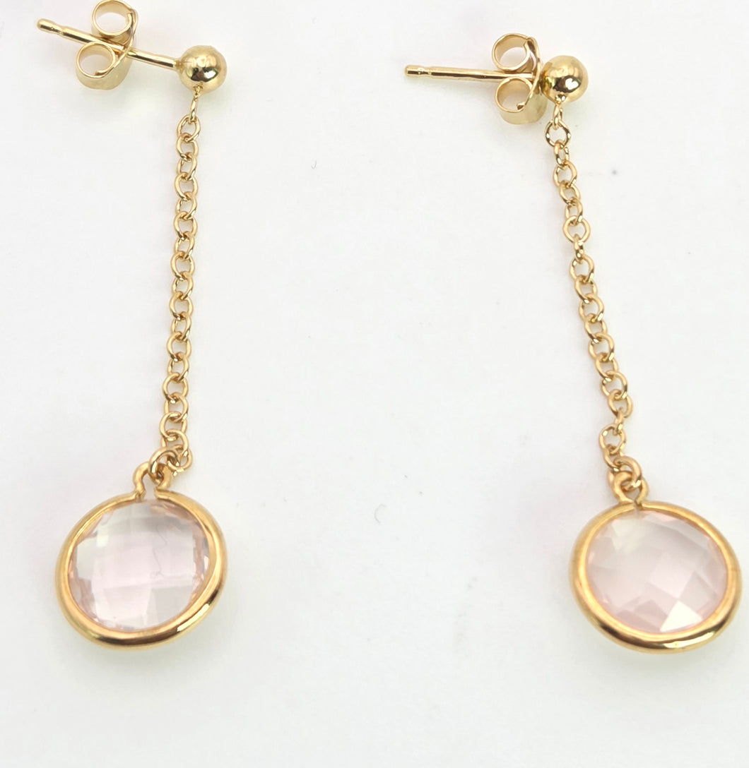 2259 Vintage: 18ct Gold Faceted Pale Pink Crystal Drop Stud Earrings