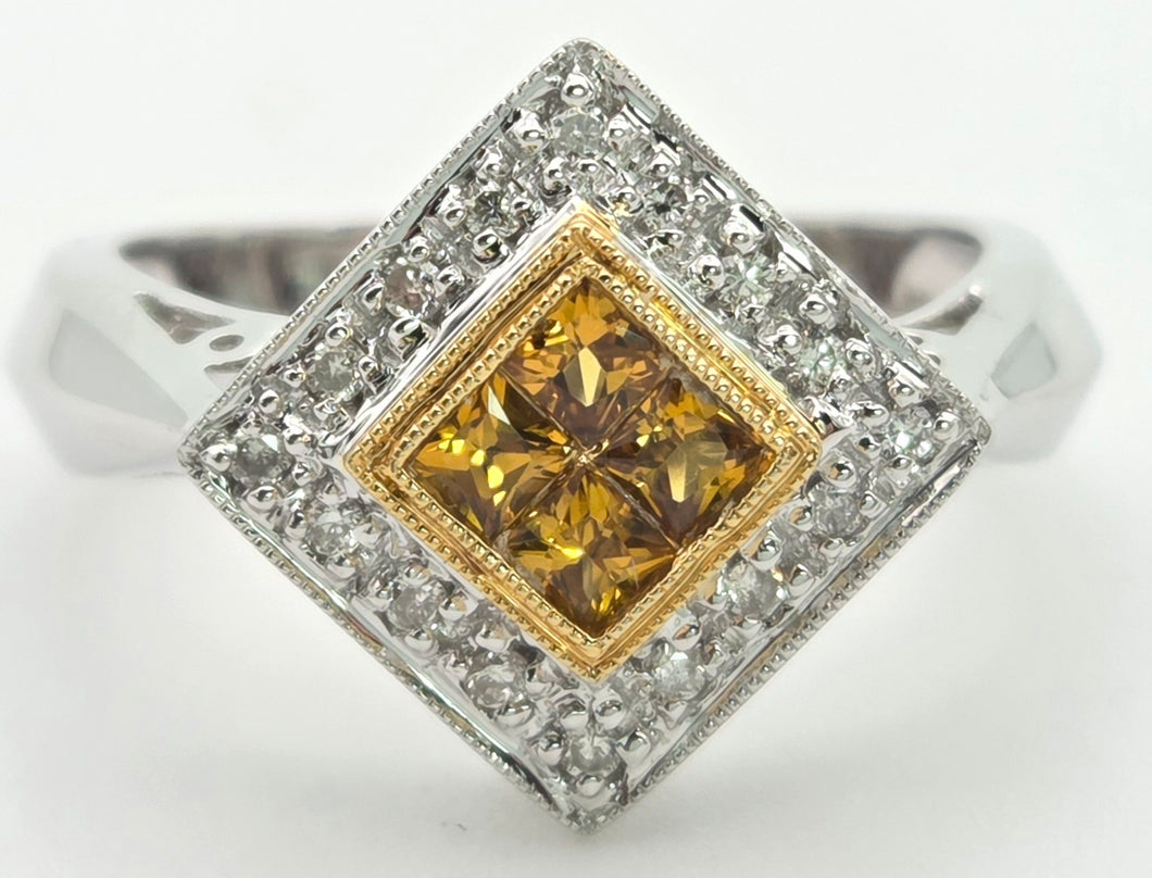 Vintage: 18ct White Gold Yellow Sapphires Diamonds Geometric Set Ring