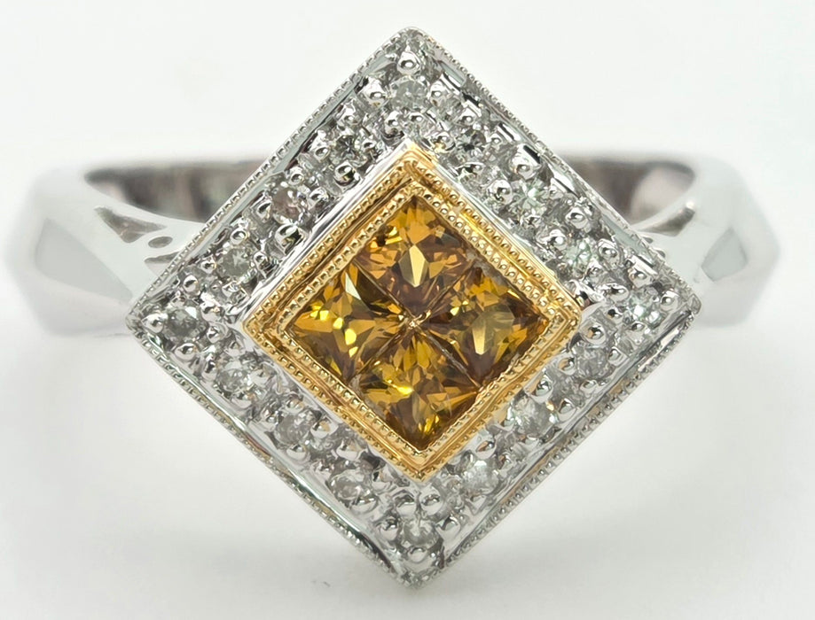 2286 Vintage: 18ct White Gold Yellow Sapphires Diamonds Geometric Set Ring