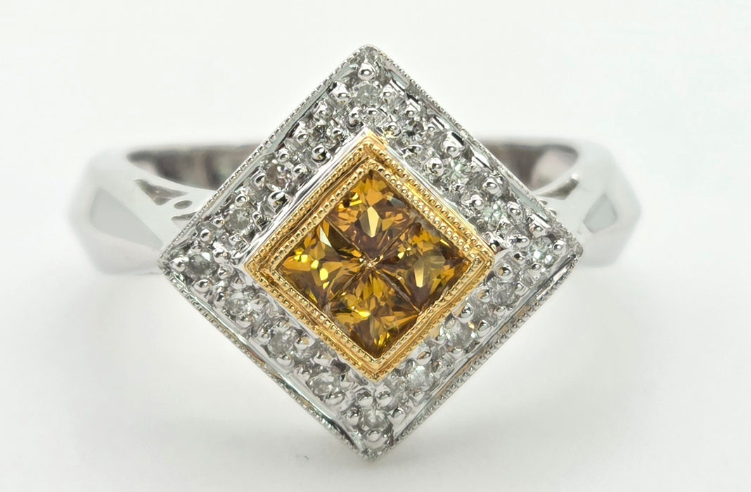2286 Vintage: 18ct White Gold Yellow Sapphires Diamonds Geometric Set Ring