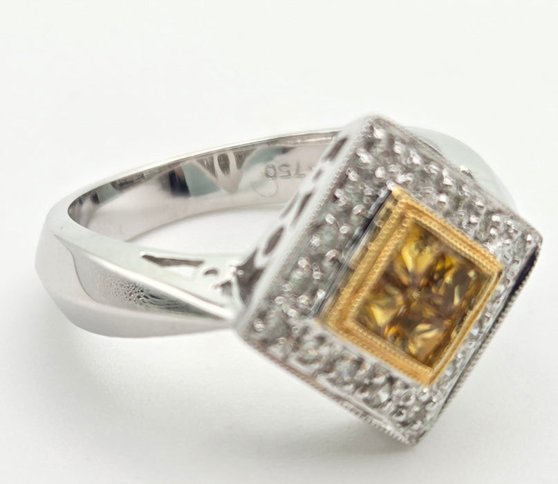 2286 Vintage: 18ct White Gold Yellow Sapphires Diamonds Geometric Set Ring