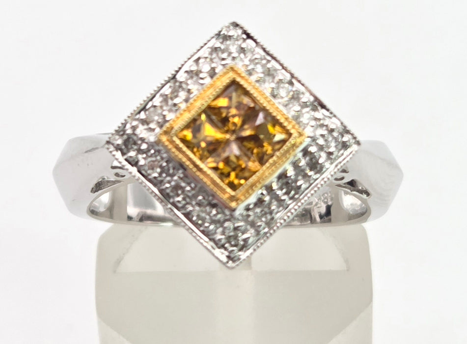 2286 Vintage: 18ct White Gold Yellow Sapphires Diamonds Geometric Set Ring