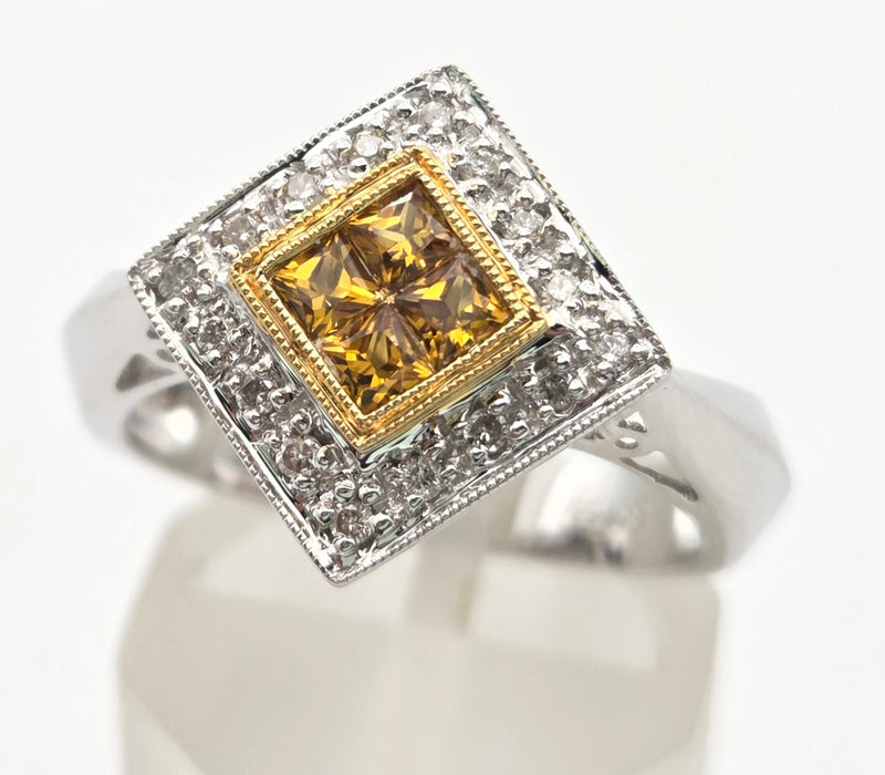 2286 Vintage: 18ct White Gold Yellow Sapphires Diamonds Geometric Set Ring