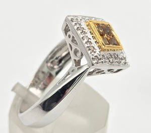 Vintage: 18ct White Gold Yellow Sapphires Diamonds Geometric Set Ring