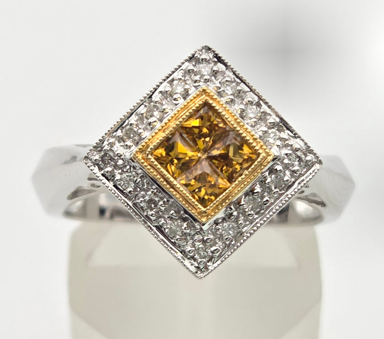 2286 Vintage: 18ct White Gold Yellow Sapphires Diamonds Geometric Set Ring