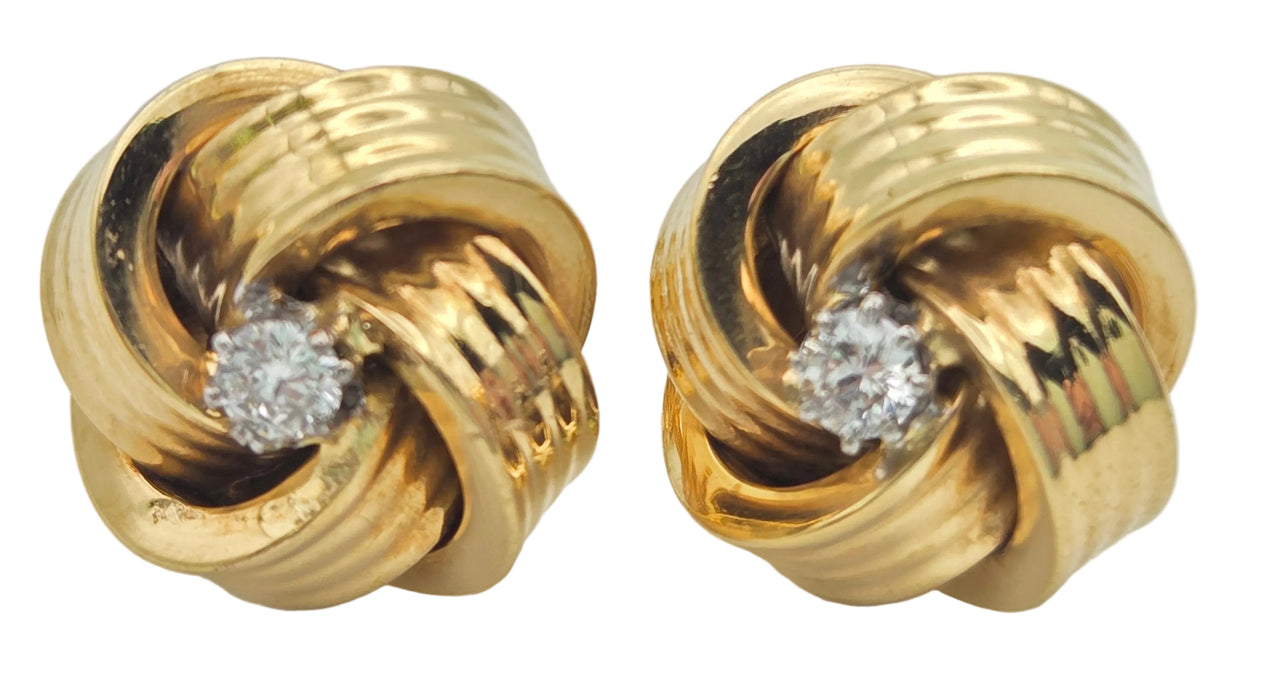 6471 Vintage; Classic 18ct Gold  Diamonds (0.2ct) Knot Earrings- From 1971