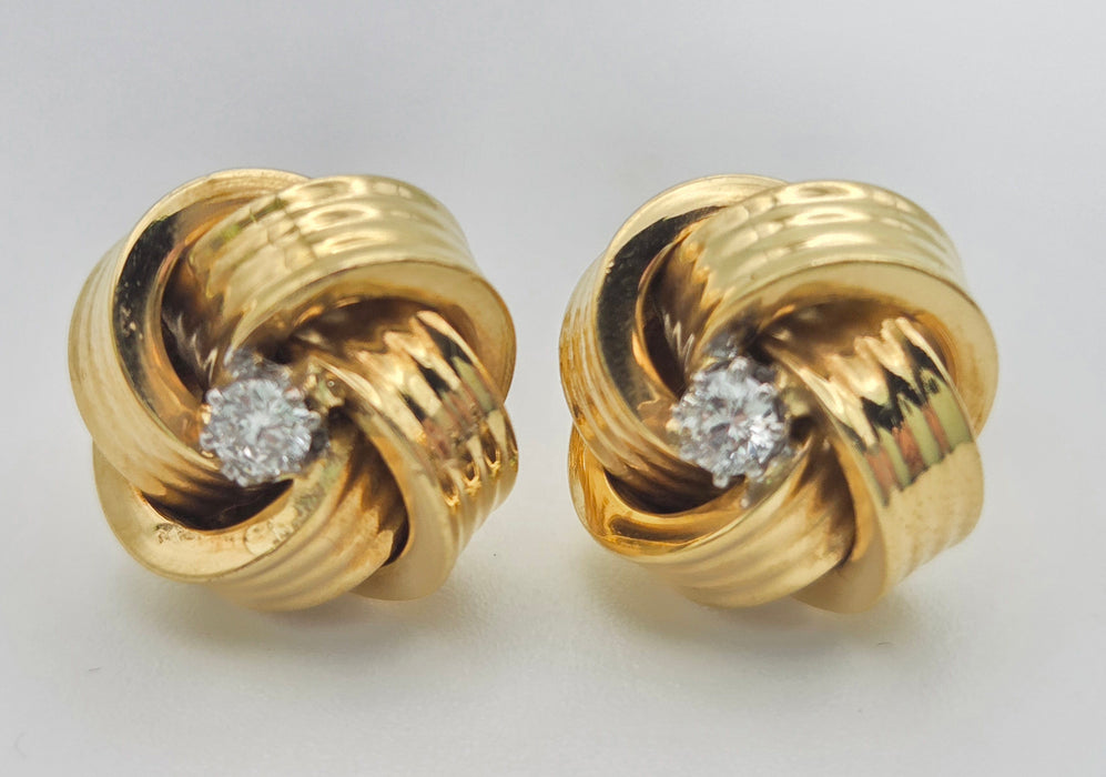 6471 Vintage; Classic 18ct Gold  Diamonds (0.2ct) Knot Earrings- From 1971