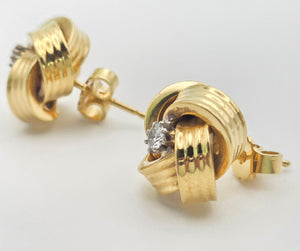 2288 Vintage; Classic 18ct Gold  Diamonds (0.2ct) Knot Earrings- From 1971