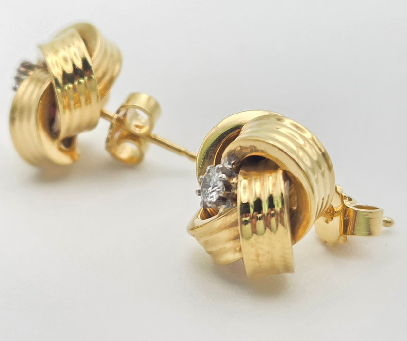 6471 Vintage; Classic 18ct Gold  Diamonds (0.2ct) Knot Earrings- From 1971