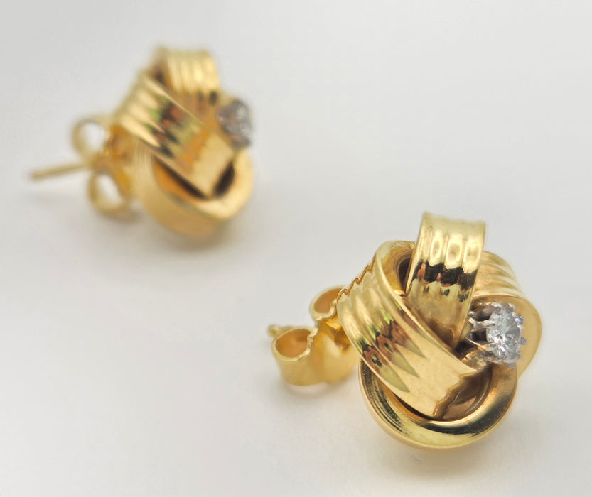 6471 Vintage; Classic 18ct Gold  Diamonds (0.2ct) Knot Earrings- From 1971