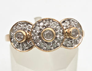 2303: Vintage; 9ct Gold 33 Diamonds Flower Head Trilogy Ring
