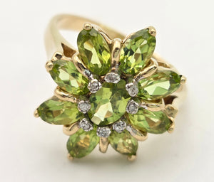2298 Vintage: 9ct Gold Peridots Natural Diamonds Floral Cluster Ring